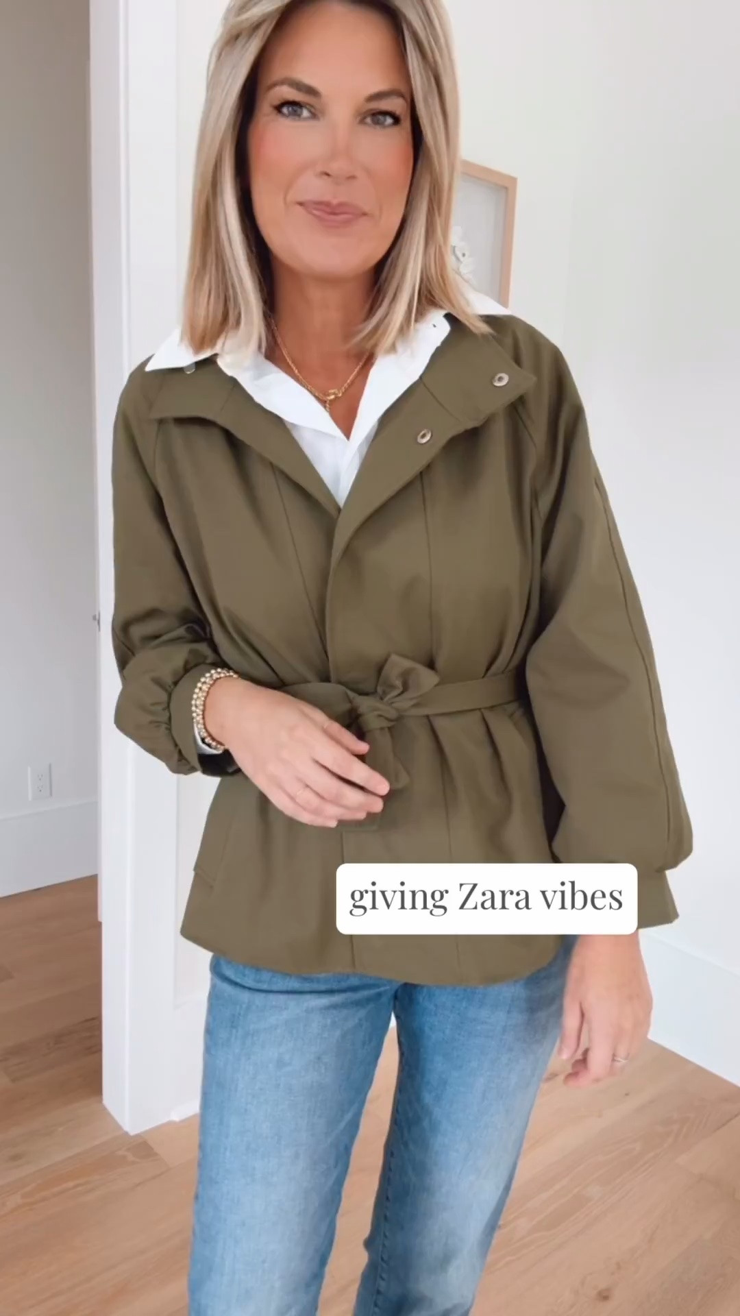 Wearing size small in this Amazon jacket and cropped button down. I am 5’11” wearing 27 tall jeans.