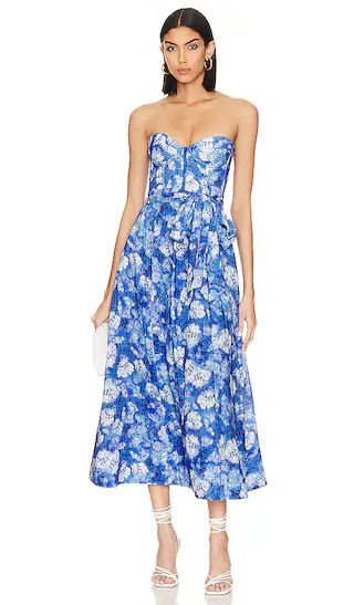 Vibrant Floral Midi Dress | White And Blue Foral Dress Blue And White Floral Dress Strapless Dress | Revolve Clothing (Global)