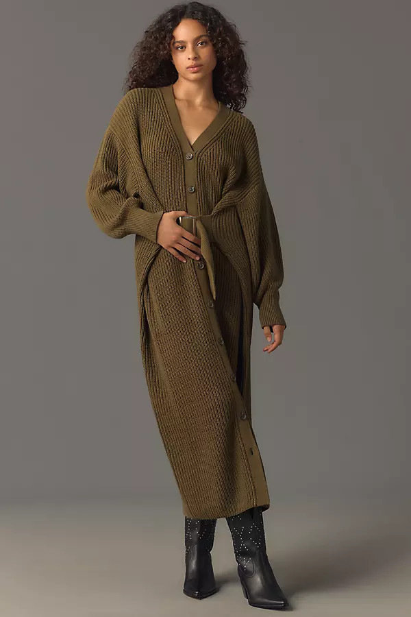By Anthropologie Long-Sleeve Belted Cardigan Sweater Midi Dress | Anthropologie (US)