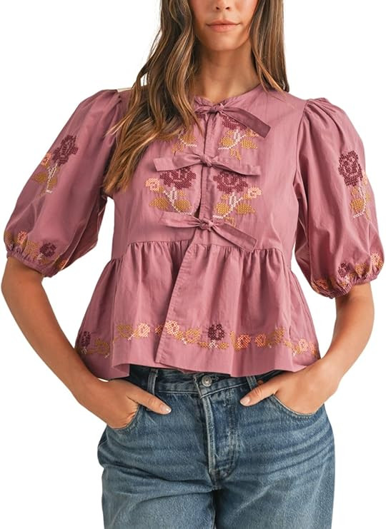 Womens Short Puff Sleeve Floral Embroidery Poplin Front Self Tie Detail Peplum Top Blouse | Amazon (US)