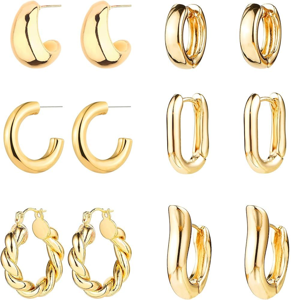 6 Pairs Gold Hoop Earrings for Women, 14K Gold Plated Huggie Hoop Earrings Set Hypoallergenic Lig... | Amazon (US)