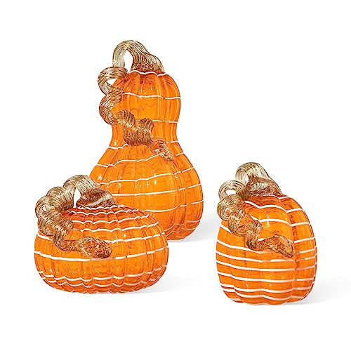Glitzhome Hand Blown Glass Pumpkin 3pcs Fall Glass Gourd, Orange/White | Amazon (US)