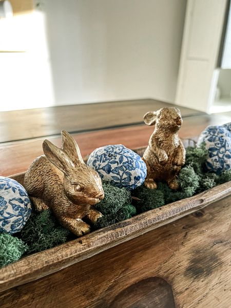 Springtime Easter vignette with decoupage eggs and golden bunnies in a dough bowl 

#LTKunder100 #LTKhome #LTKSeasonal