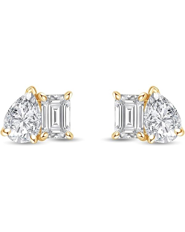 Toi et Moi Stud Earrings for Women Emerald & Pear Cut Lab Created Moissanite In 14K Gold Plated S... | Amazon (US)
