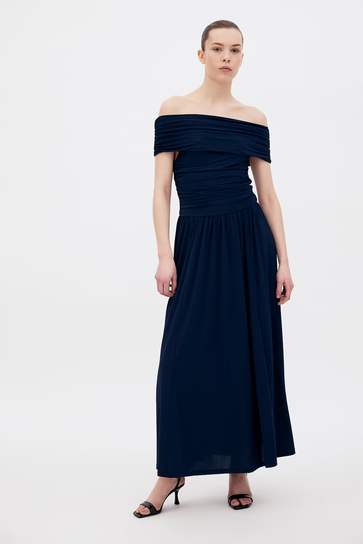 Drapiertes Off-Shoulder-Kleid - Ärmellos - Midi - Marineblau - Ladies | H&M AT | H&M (DE, AT, CH, NL, FI)
