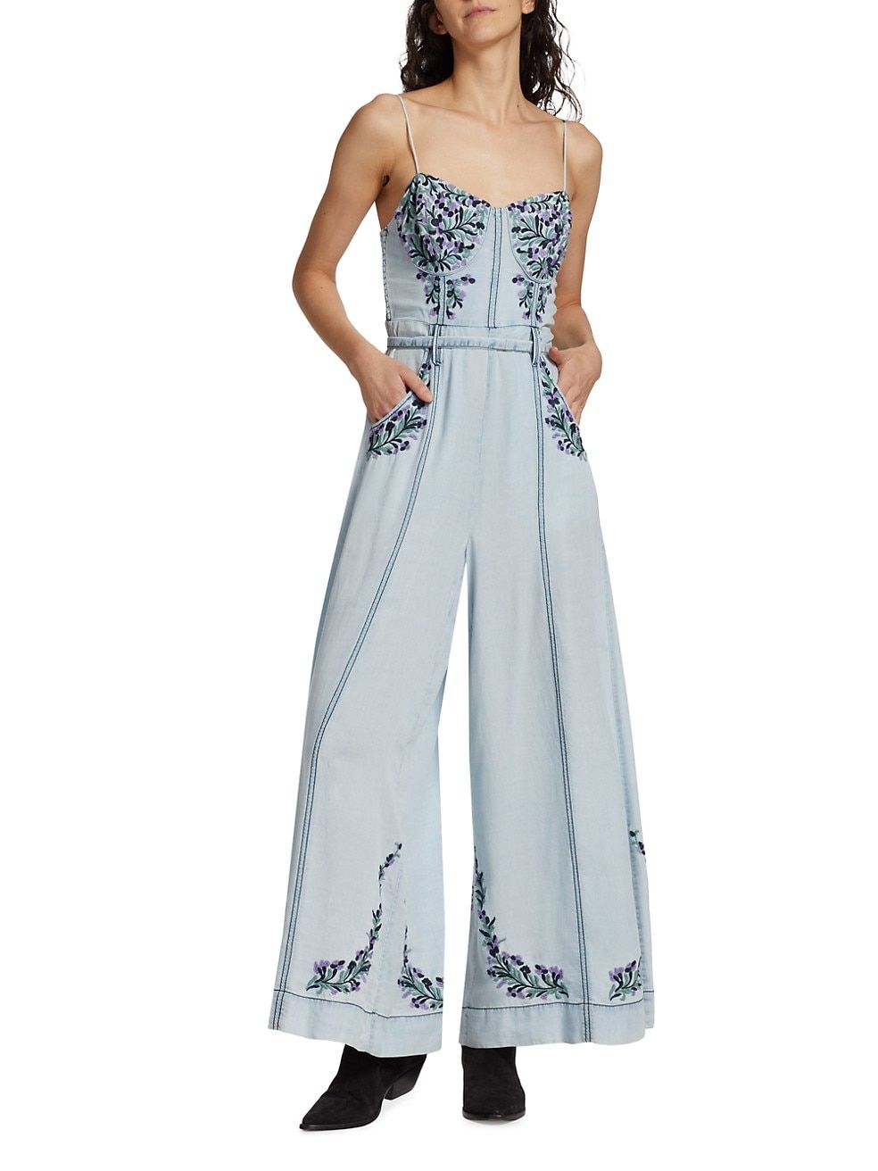 Free People Brigitte Chambray Embroidered Jumpsuit | Saks Fifth Avenue