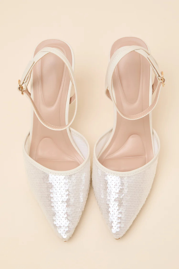 Latasha Ivory Sequin Pointed-Toe Ankle Strap Pumps | Lulus