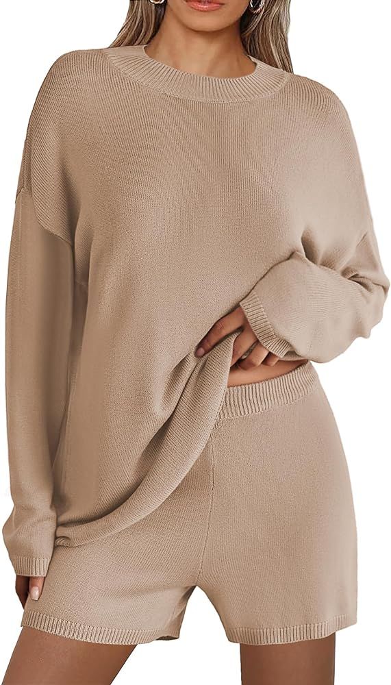 Ekouaer Pajamas Womens 2 Piece Lounge Set Cozy Knit Long Sleeve Sweater Shorts Set Oversized Matc... | Amazon (US)