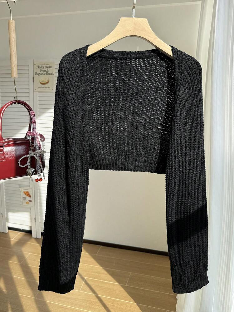 SHEIN EZwear Plus Casual Ribbed Knit Black Crop Cardigan | SHEIN