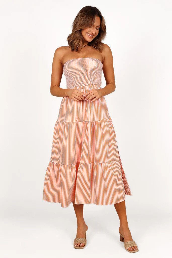 Maisie Strapless Midi Dress - Orange Stripe | Petal & Pup (US)