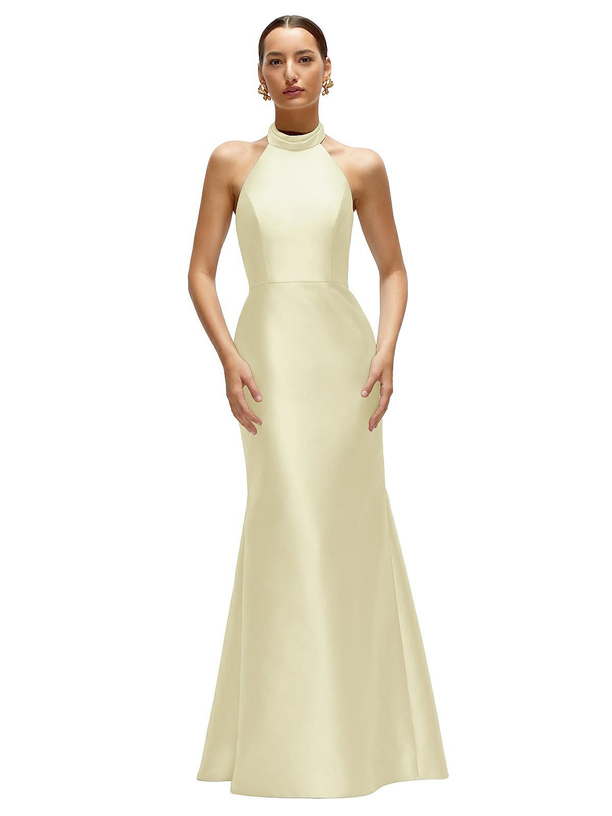 High-Neck Halter Open-Back Satin Trumpet Dress  in Butter Yellow | Dessy Group