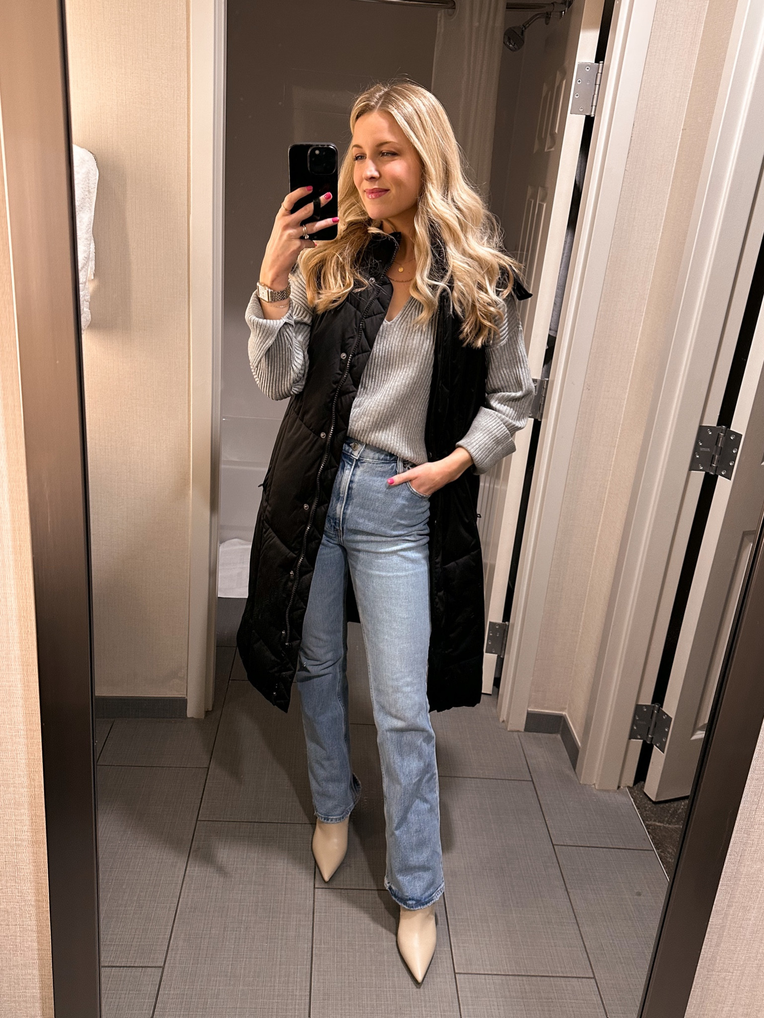 Elevated casual outfit that I wore in Pinehurst, NC. Wearing a 25 in the curve love jeans from Abercrombie and a small in the sweater. I have the sweater tucked using a TuckyBelt! 
Linking similar puffer vest. This thing is SO warm  

#LTKsalealert #LTKunder100 #LTKstyletip