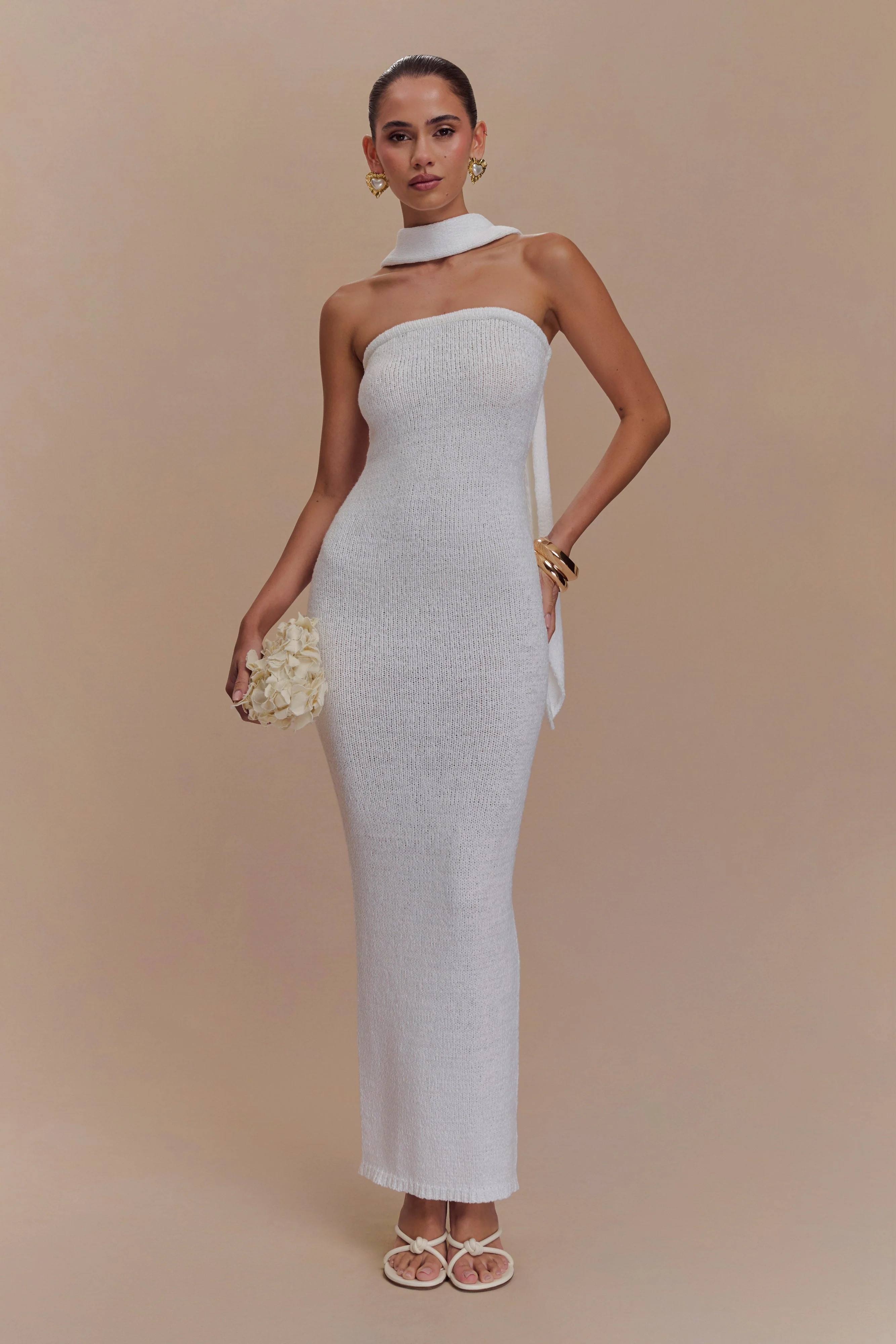 Andrea Strapless Knit Maxi Dress - White | MESHKI US