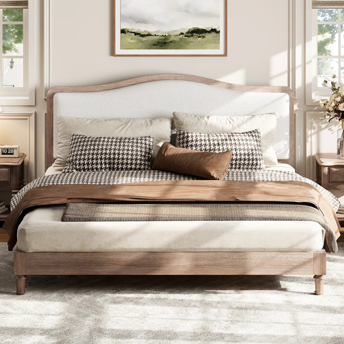 Queen Size Platform Bed with Upholstered Headboard, Grey Frame+White Fabric | Wayfair North America