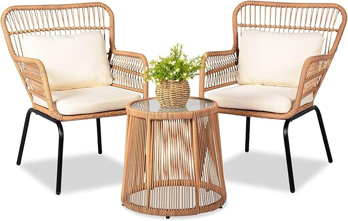 3 Piece Outdoor Wicker Furniture Bistro Set, Rattan Chairs Conversation Sets Wicker Patio Furnitu... | Amazon (US)