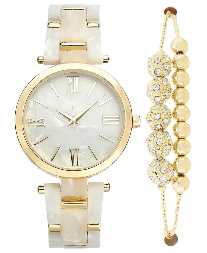 Women's Gold-Tone & Mother-of-Pearl Bracelet Watch 38mm & Slider Bracelet Set, Created for Macy's | Macy's