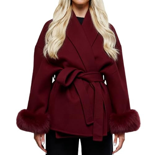 Movnebyro Wool Blend Pea Coats for Women Open Front Long Sleeve Coat Classic Lapel Overcoat Chic Cardigan with Furry Cuff | Amazon (US)
