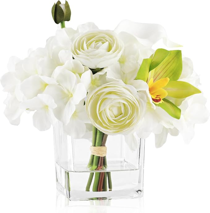 WELL KNOWN Artificial Flowers in Vase with Fake Water, White & Green Decor | Amazon (US)