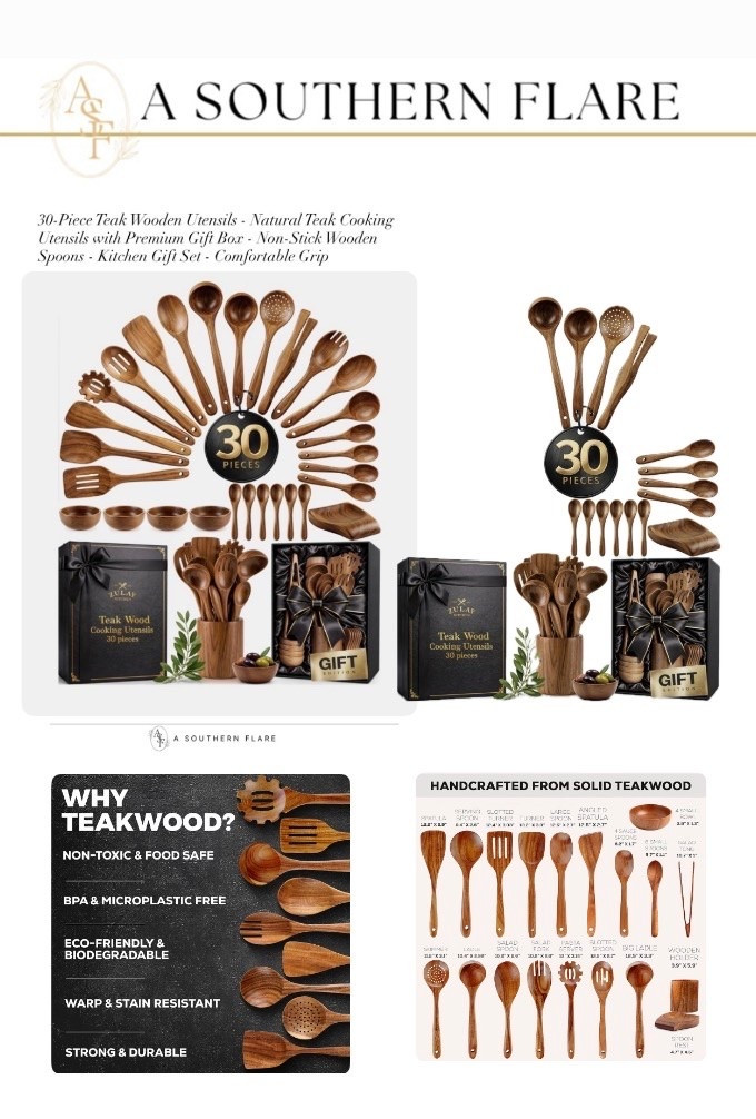 30-Piece Teak Wooden Utensils - Natural Teak Cooking Utensils with Premium Gift Box - Non-Stick Wooden Spoons - Kitchen Gift Set - Comfortable Grip

#LTKHome