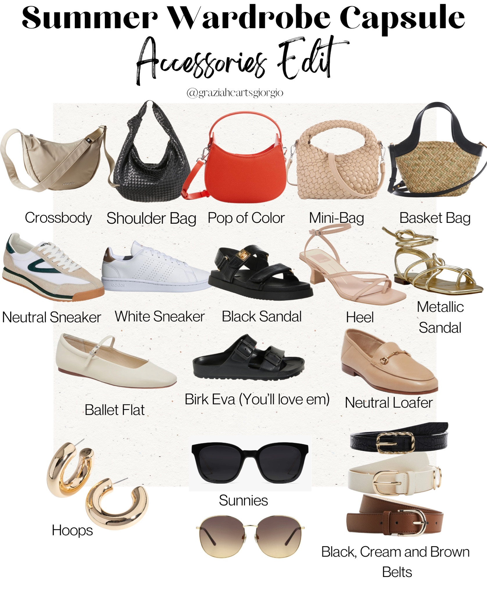 SUMMER WARDROBE CAPSULE - ACCESSORIES EDIT 
.
#capsule #summercapsule #accessories #capsulewardrobe 

#LTKshoecrush #LTKitbag #LTKstyletip