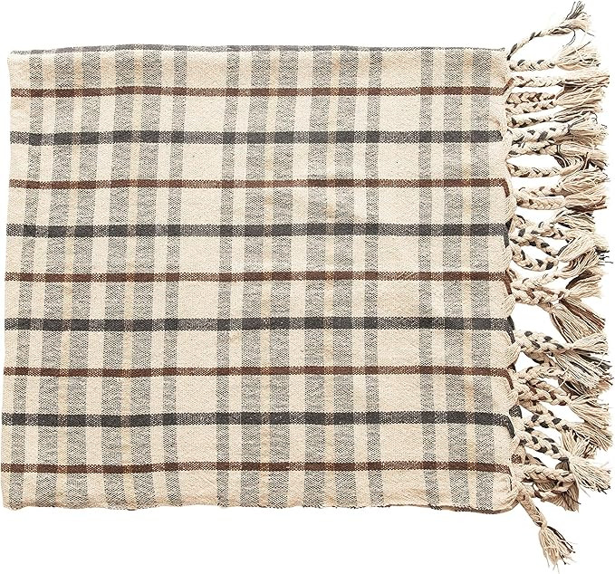 Bloomingville Woven Recycled Cotton Blend Plaid Tassels, Color Throw, Charcoal & Brown | Amazon (US)