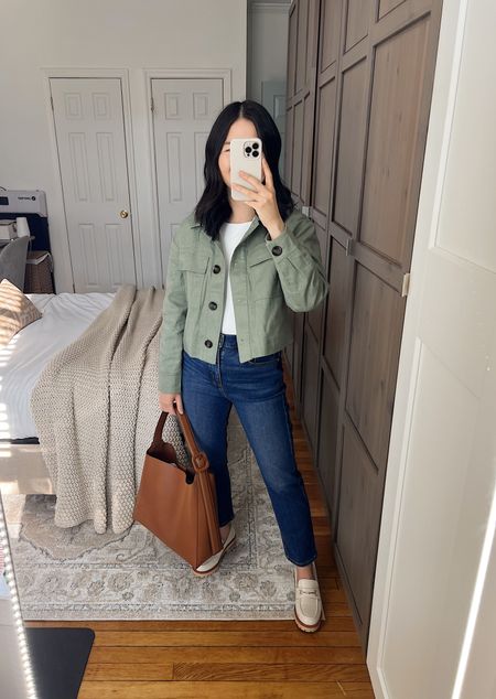 Cropped green jacket (XSP)
White tank top (XS)
High waisted slim jeans (27P)
Dark wash jeans
Brown tote bag
White loafers (TTS)
White lugsole loafers
Smart casual outfit
Casual spring outfit
LOFT outfit

#LTKstyletip #LTKsalealert #LTKfindsunder50