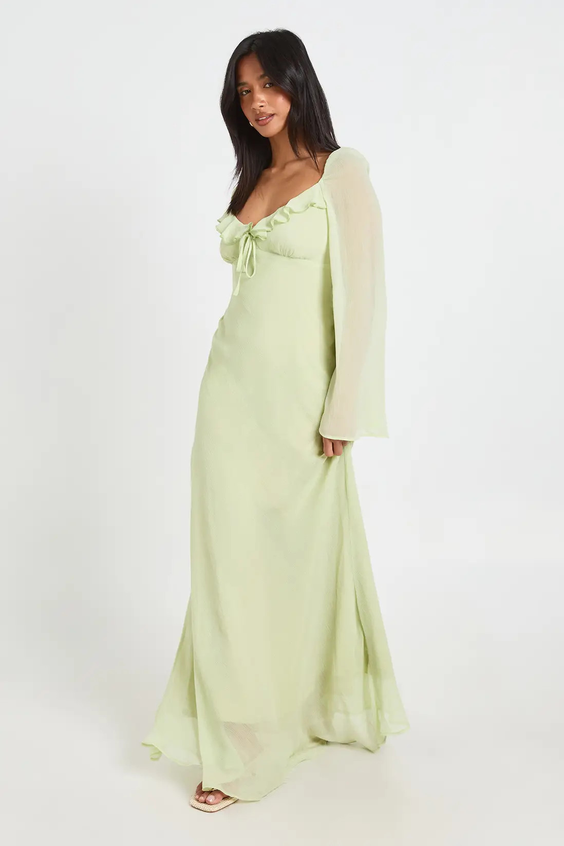 Sage Petite Chiffon Plunge Ruffle Maxi Dress | Boohoo | Boohoo.com (UK & IE)