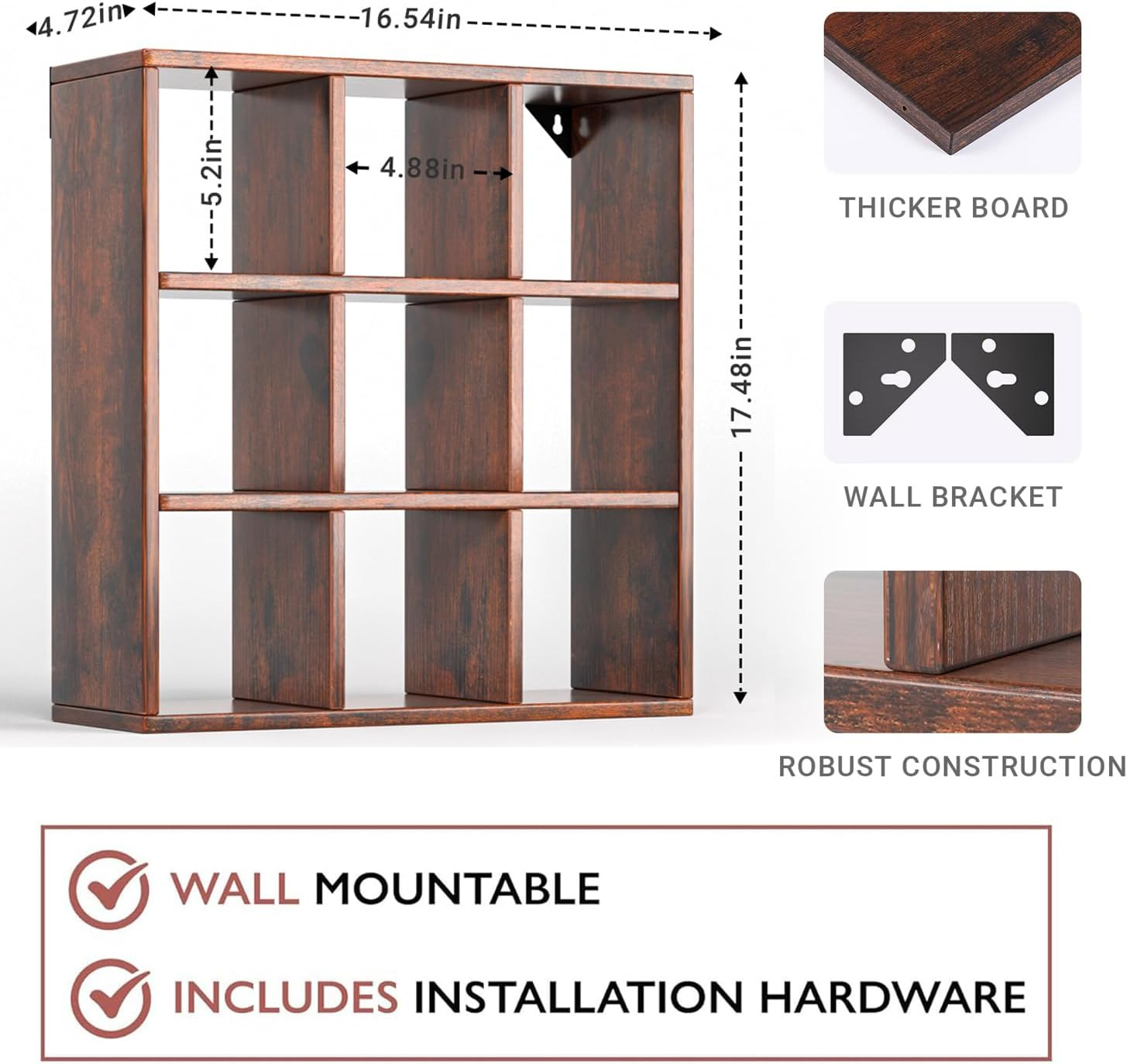 Helsin 9 Grid Vintage Coffee Mug Display Rack, 16inch Wall Mounted Wooden Curio Shadow Box Shelf,... | Amazon (US)