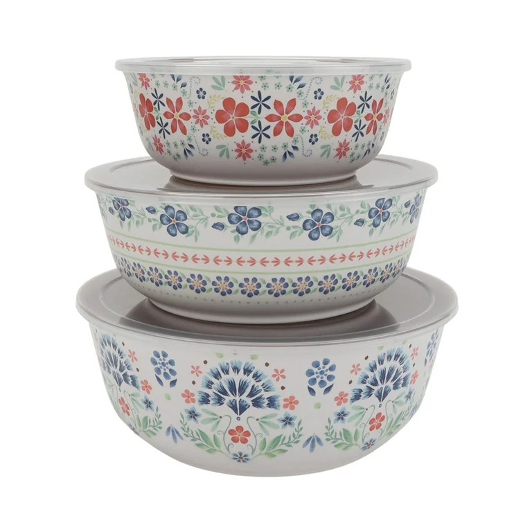 The Pioneer Woman Hattie 6-Piece Bamboo Melamine Bowl Set with Lids, Multicolor | Walmart (US)