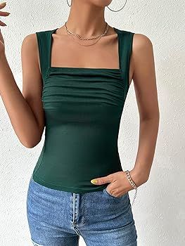 Women's Sleeveless Square Neck Tank Top Casual Ribbed Knit Slim Fit Ruched Tops | Amazon (US)