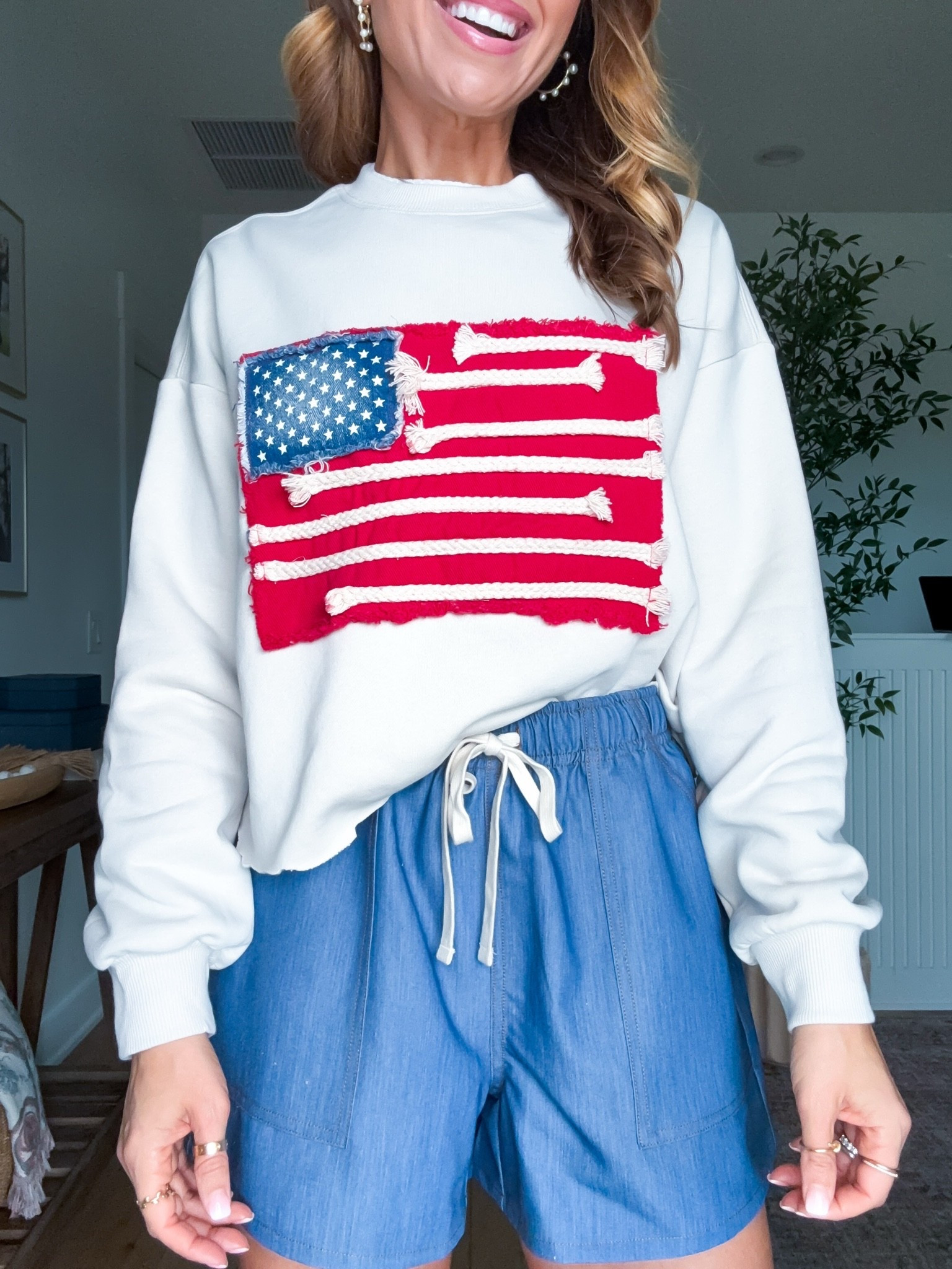 I found the viral American flag sweatshirt. Wearing XXS. I snipped the bottom to turn it into a crop style. It is so soft!! Size XS in shorts. 4th of 4th of July outfit. Summer outfit. Casual outfit. Lake outfit. Boating outfit.

#LTKootd #LTKTravel #LTKSwim