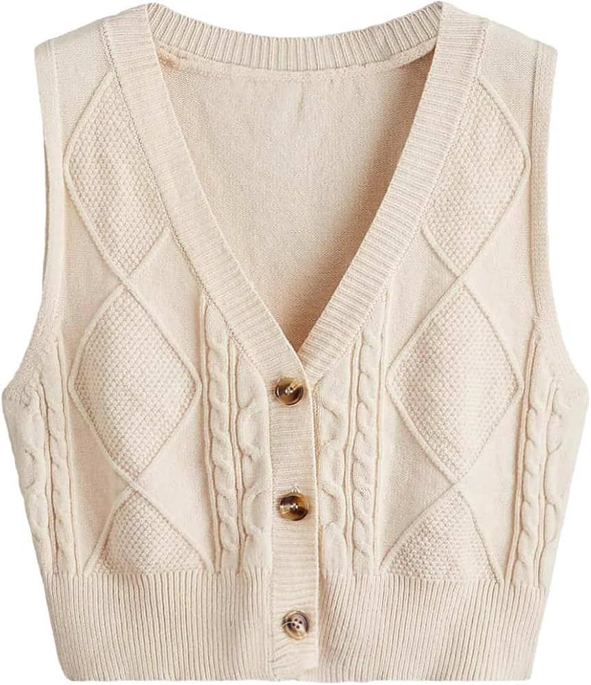 Verdusa Women's Button Up Sleeveless Sweater Vest Cable Knit Crop Top Outerwear | Amazon (US)