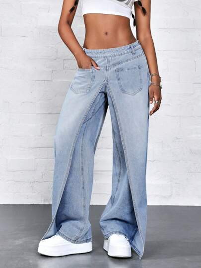 Jeanoix Women's Straight-Cut Loose Casual Denim Pants With Pocket Front Cover Low Rise Straight L... | SHEIN