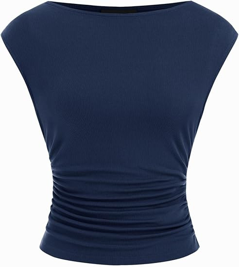 CIDER Boat Neck Tops for Women Sleeveless Ruched Crop Tank Tops Slim Fit Trendy Summer Outfits Ca... | Amazon (US)