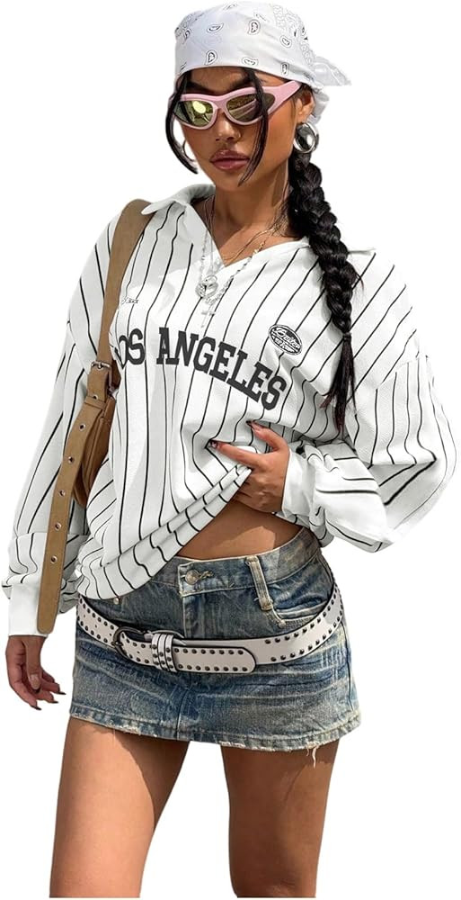 SOLY HUX Women's Oversized Tees Striped Letter Print Y2k Jersey T Shirt Collar V Neck Long Sleeve... | Amazon (US)