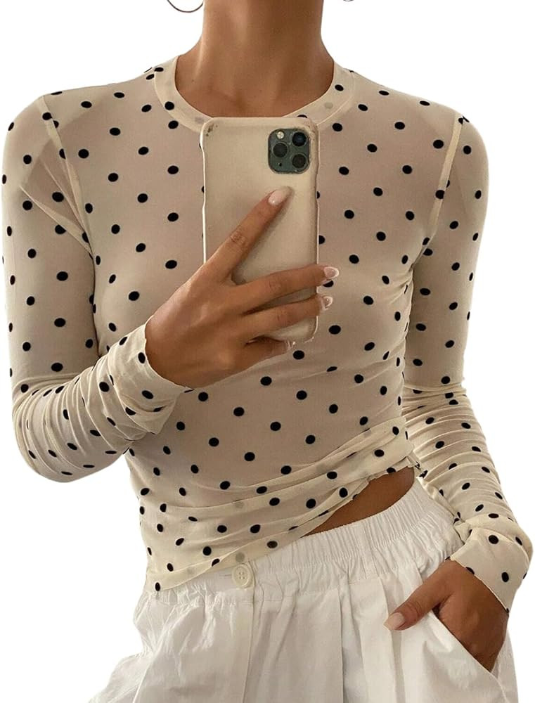Naileksi Women Polka Dot Sheer See Through Mesh Top Long Sleeve Crew Neck Slim Fit Causal T Shirt... | Amazon (US)