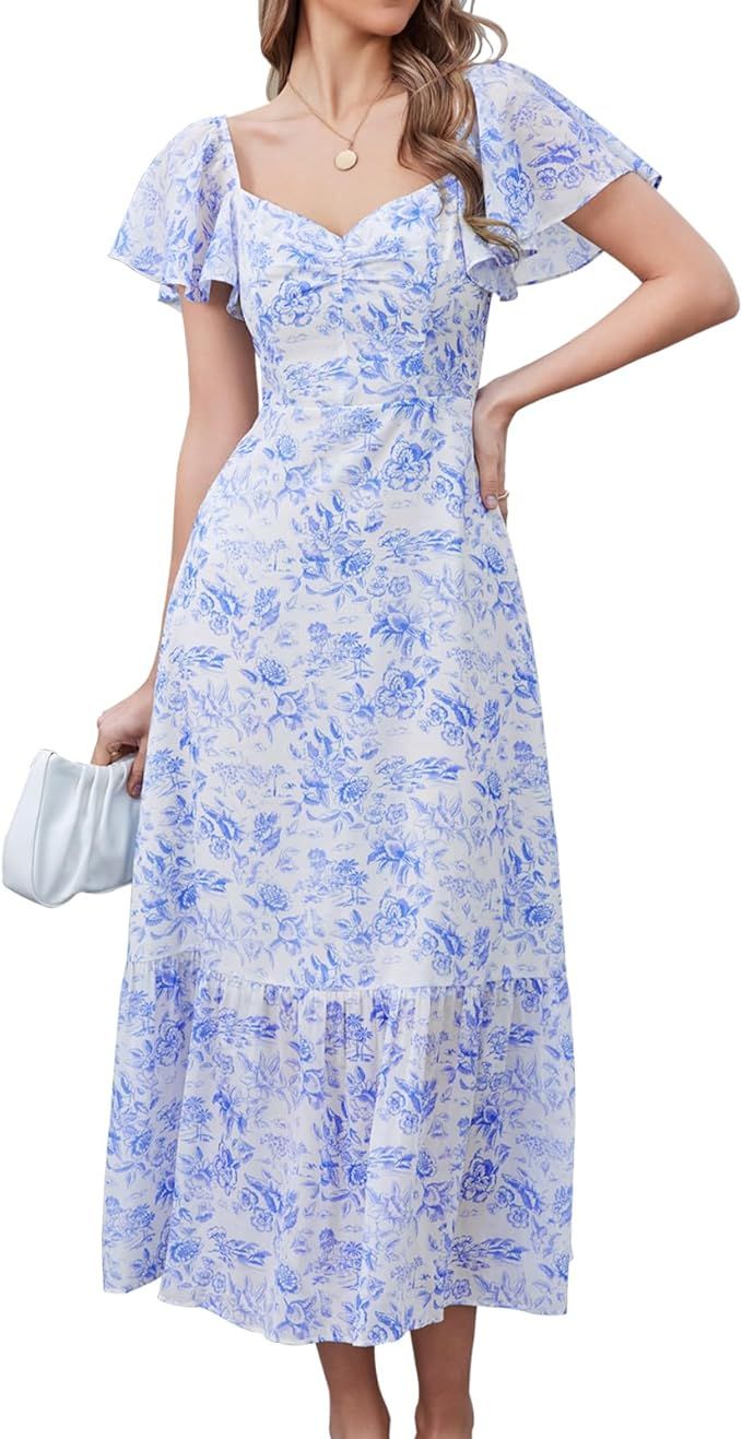 GLNEGE Women's 2024 Summer Short Sleeve Midi Floral Dresses Casual Boho Flowy Beach Dress Smocked... | Amazon (US)