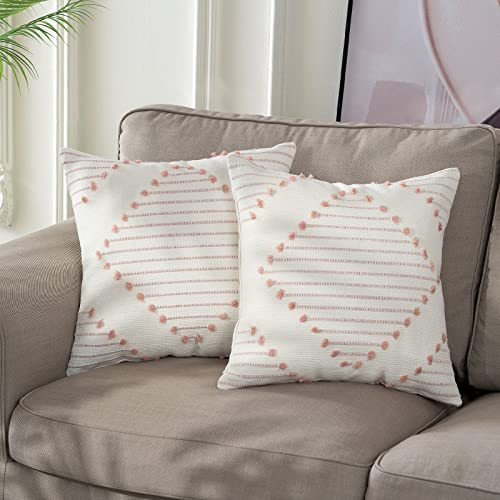 blue page Boho Decorative Throw Pillow Covers 22x22 Set of 2 Tufted Farmhouse Pillow Covers for Couch Sofa Bed Living Room, Modern Accent Pink and Cream White Neutral Weave Pillow Covers | Amazon (US)