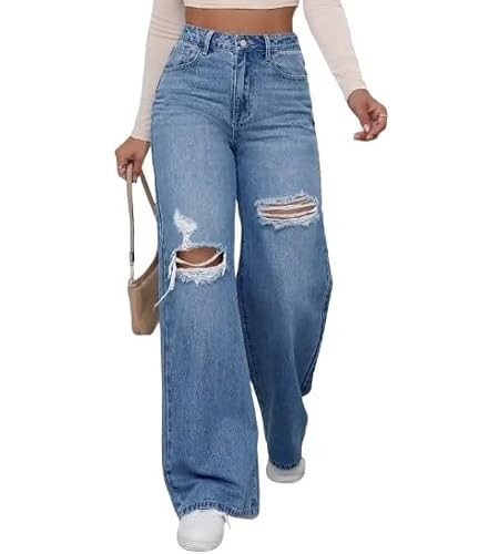 Women's High Waist Distressed Wide Leg Comfortable Fit Jeans - Black, Medium, Light Wash (US, Alpha, Large, Regular, Regular, Light Wash 1) | Amazon (US)