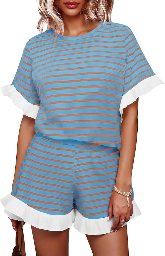 Tankaneo Womens 2 Piece Striped Shorts Set Ruffle Short Sleeve Tops Hight Waist Shorts Matching S... | Amazon (US)