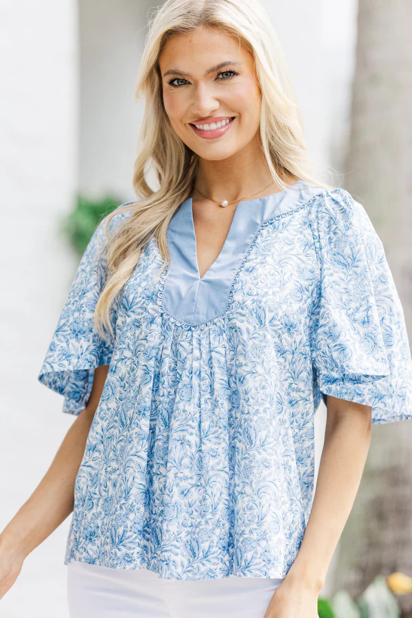 Just A Theory Blue Toile Blouse | The Mint Julep Boutique