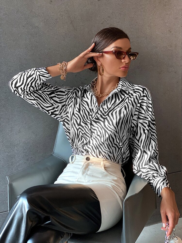 Zebra Stripe Curved Hem Shirt | SHEIN