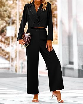 PRETTYGARDEN Women's 2 Piece Outfits 2023 Fall Casual Wrap Crop Blazers Jackets Wide Leg Pants Se... | Amazon (US)