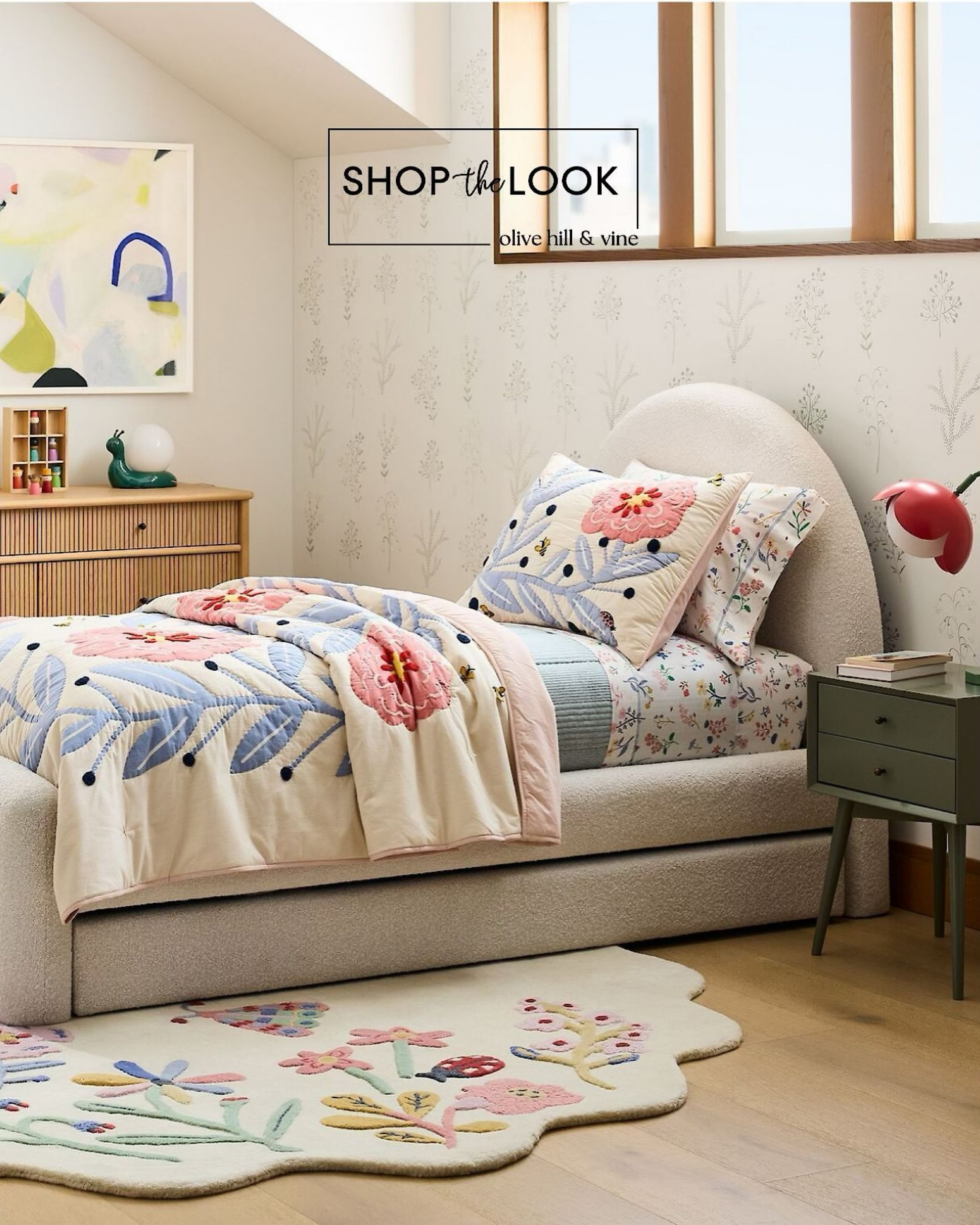 Ready to bloom? This curated girl's room design features an upholstered arched headboard with a trundle, a chic 6-drawer dresser with fluted fronts, and a mid-century nightstand. Add a floral quilt, shams, flower lamp, and whimsical garden rug. Easily shop these looks today! 

#LTKHome #LTKKids #LTKFamily