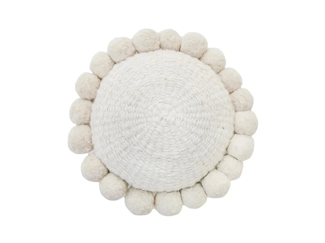 12" Round Pom Pom Pillow - White Pompom Pillow, Natural Pompoms Cushion - Etsy | Etsy (US)