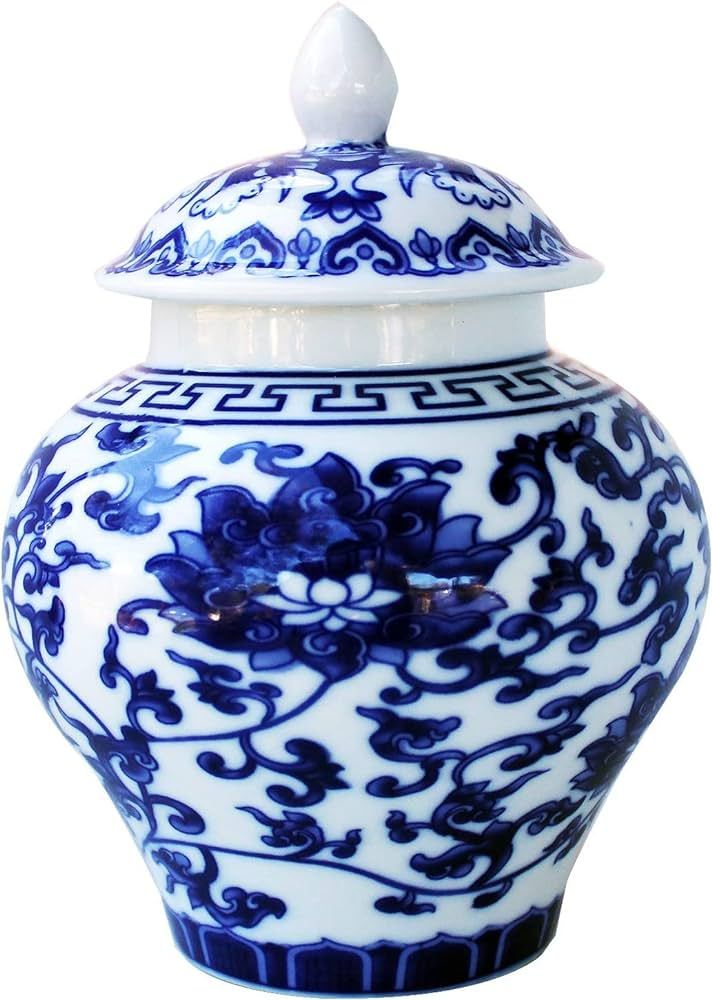 Ancient Chinese Style Blue and White Porcelain Lotus Helmet-shaped Temple Jar (Lotus pattern smal... | Amazon (US)