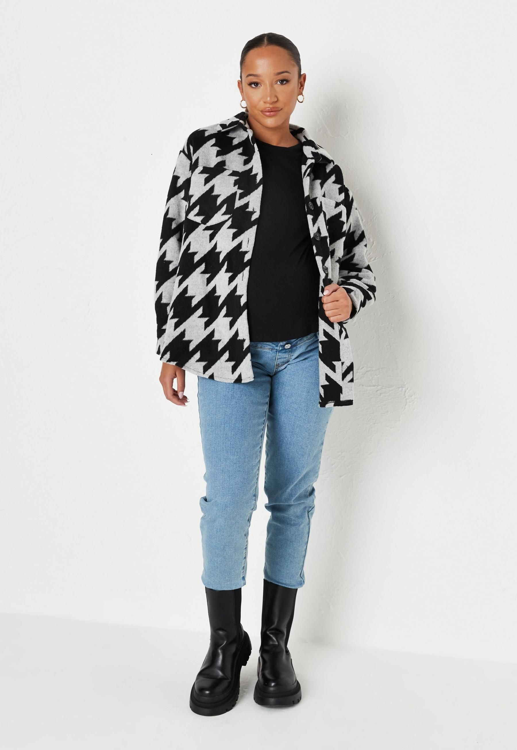 Missguided - Black Monochrome Houndstooth Maternity Shacket | Missguided (US & CA)