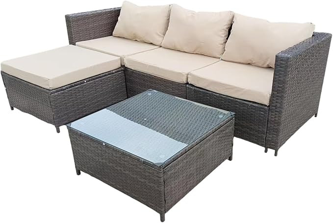 COZYBRITE Garden Furniture Rattan Corner Sofa Set with Glass Coffee Table Ottoman for Patio Outdo... | Amazon (UK)