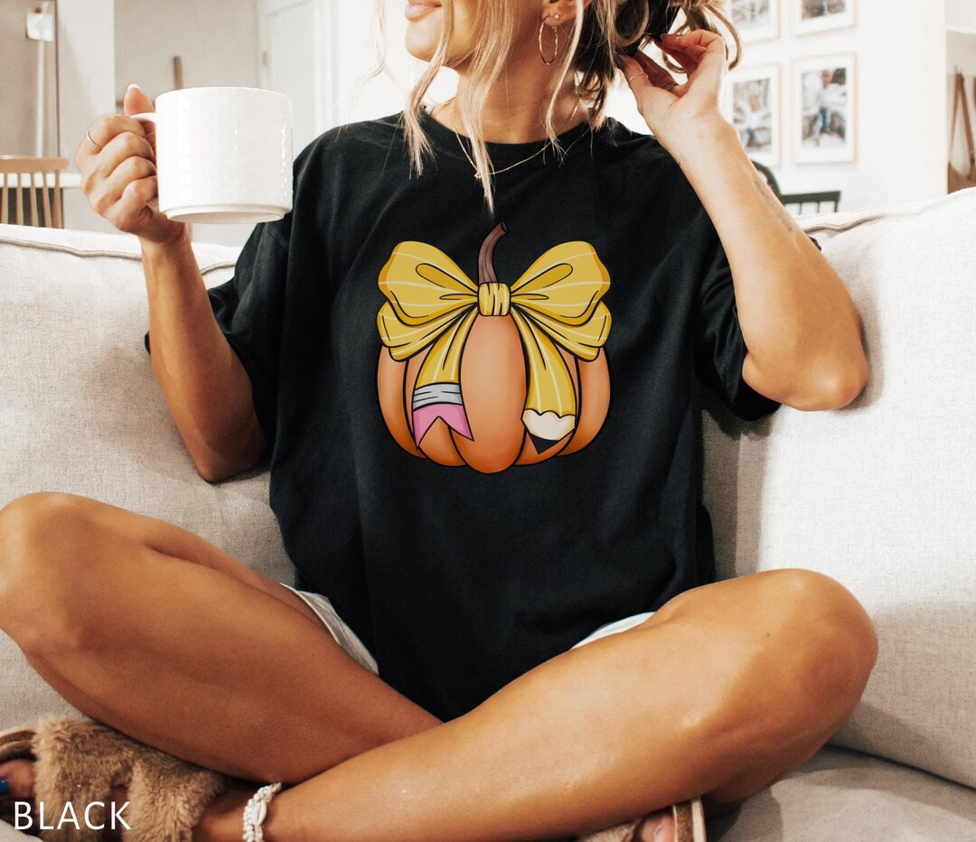 Retro Pumpkin Pencil Bow Shirt,fall Coquette Teacher Comfort Colors® Tshirt,back to School Tee,3... | Etsy (US)