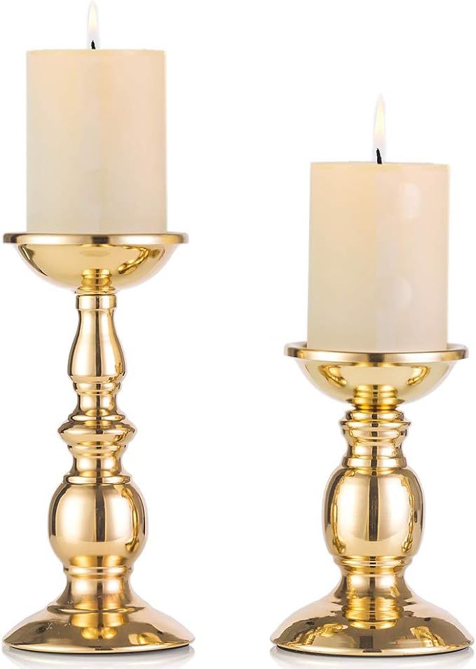 Gold 2 Pcs Iron Pillar Candle Holders, Gold Candlestick Most Ideal for 3" Pillar Candles or Flame... | Amazon (US)